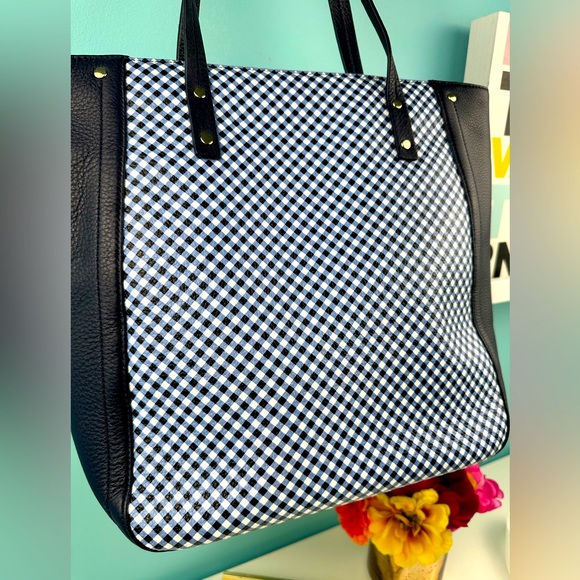 Talbots Handbags - Talbots leather blue color block gingham zip bag tote, new without tags